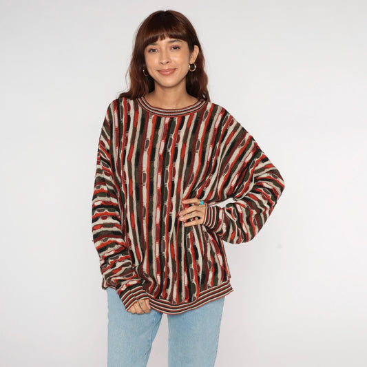 90s Protege Vertical Stripe Crewneck Sweater Rust Orange Black Cream Extra Large