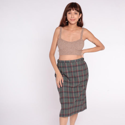 80s Pendleton Wool Plaid Skirt Green Grey Red Navy Herringbone Medium M