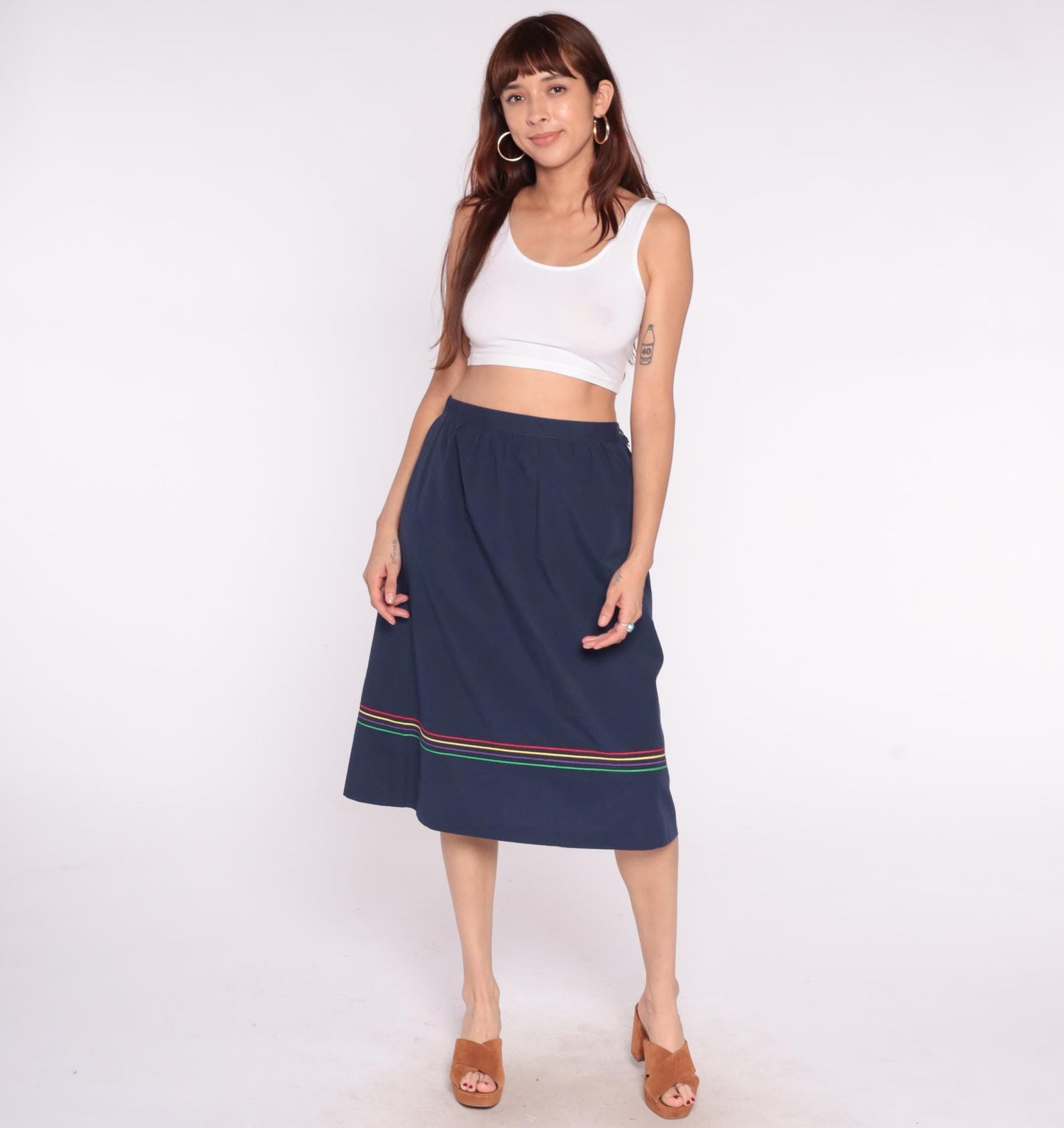 80s Navy A-Line Skirt Rainbow Striped Trim Elastic Waist Medium