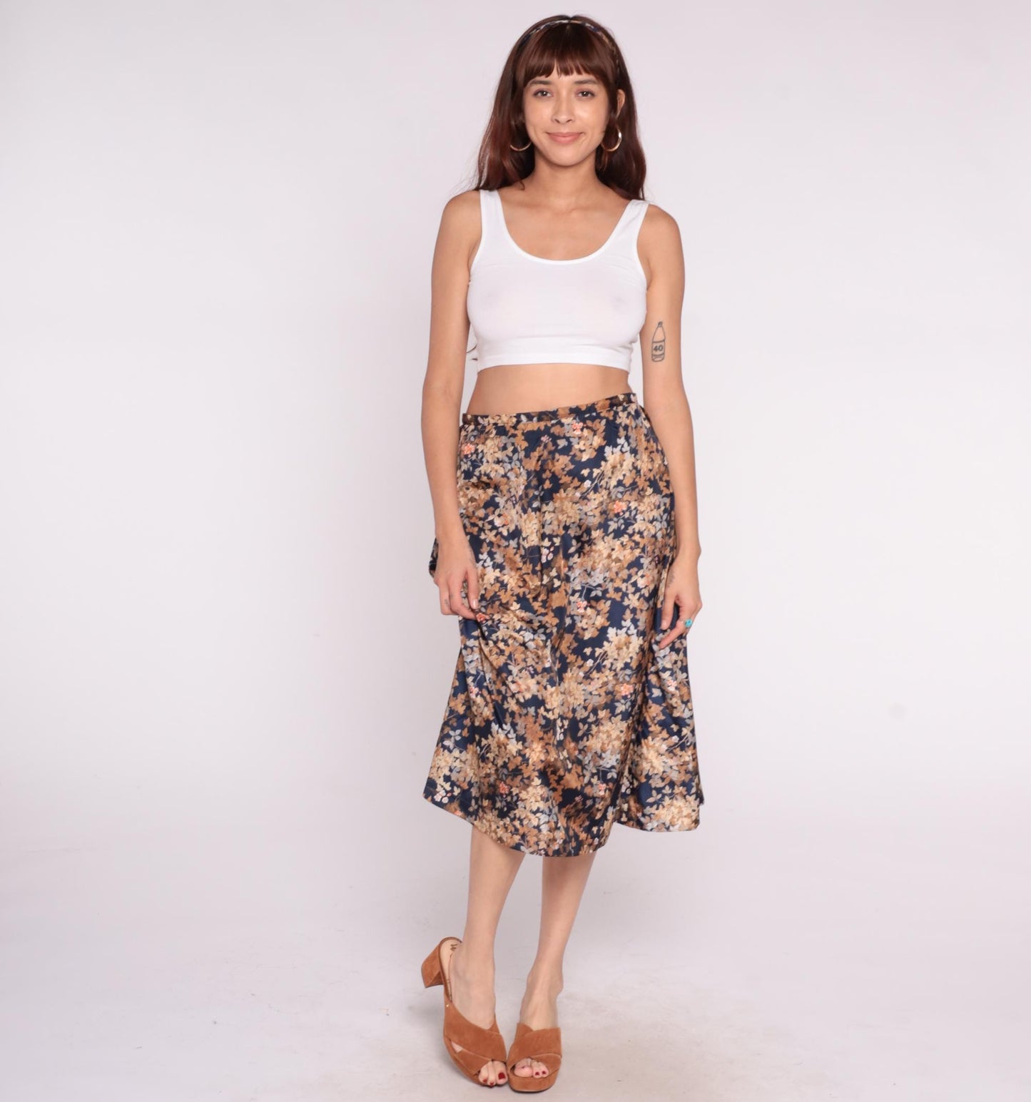 80s Navy Floral Midi Skirt Tie Waist A-Line Peach Tan Brown Large L