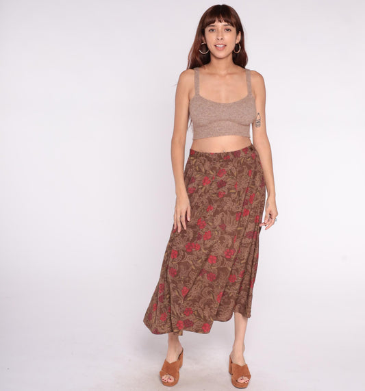 90s Brown Floral Maxi Skirt Red Burgundy Paisley Elastic Waist Large