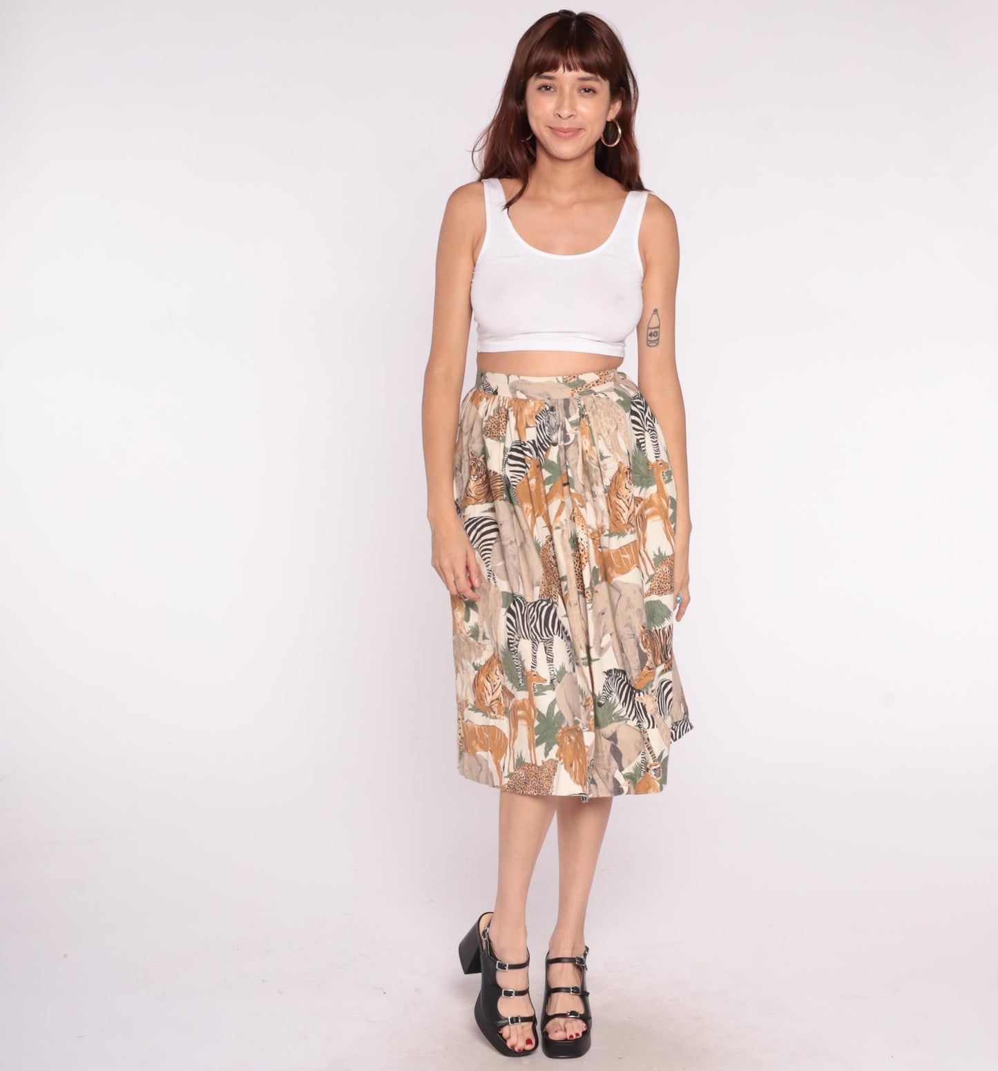 80s Safari Animal Print Skirt Cream Orange Pleated Elastic Waist Small