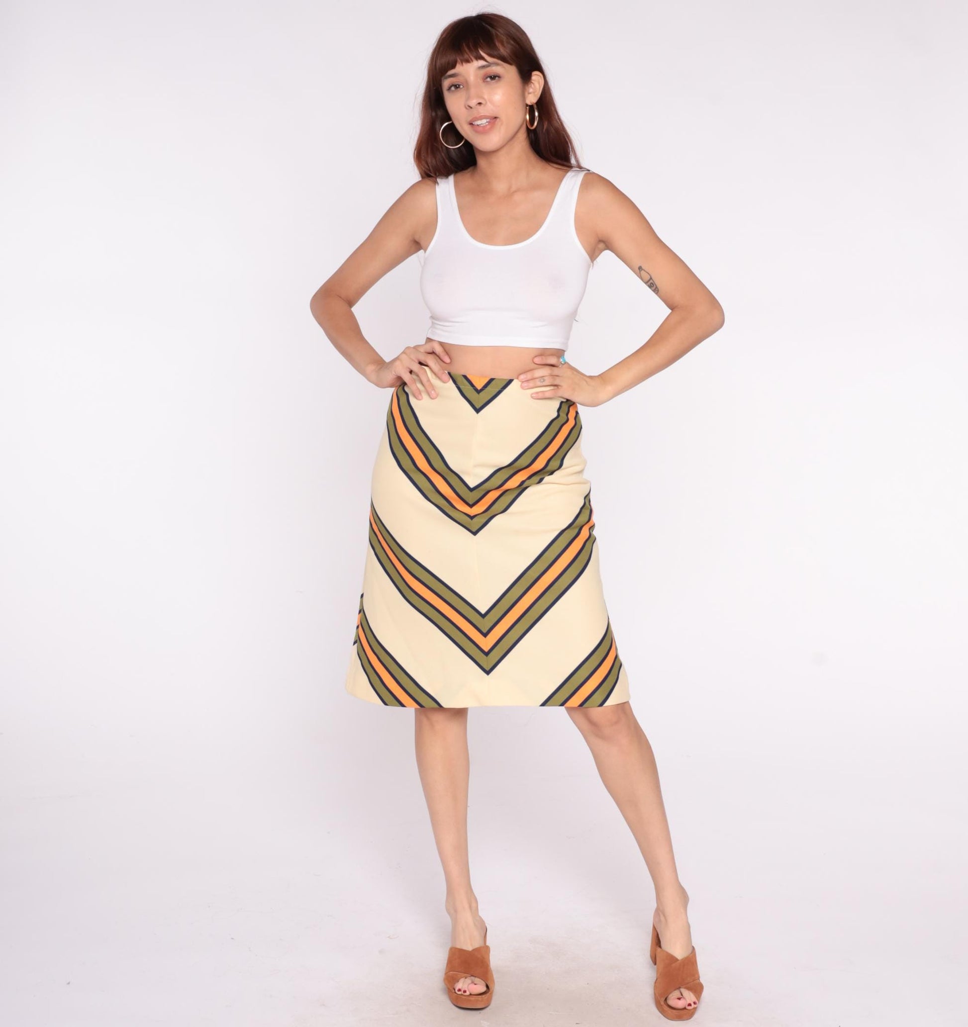 70s Chevron A-Line Skirt Cream Navy Orange Stripe Knee-Length Medium Large