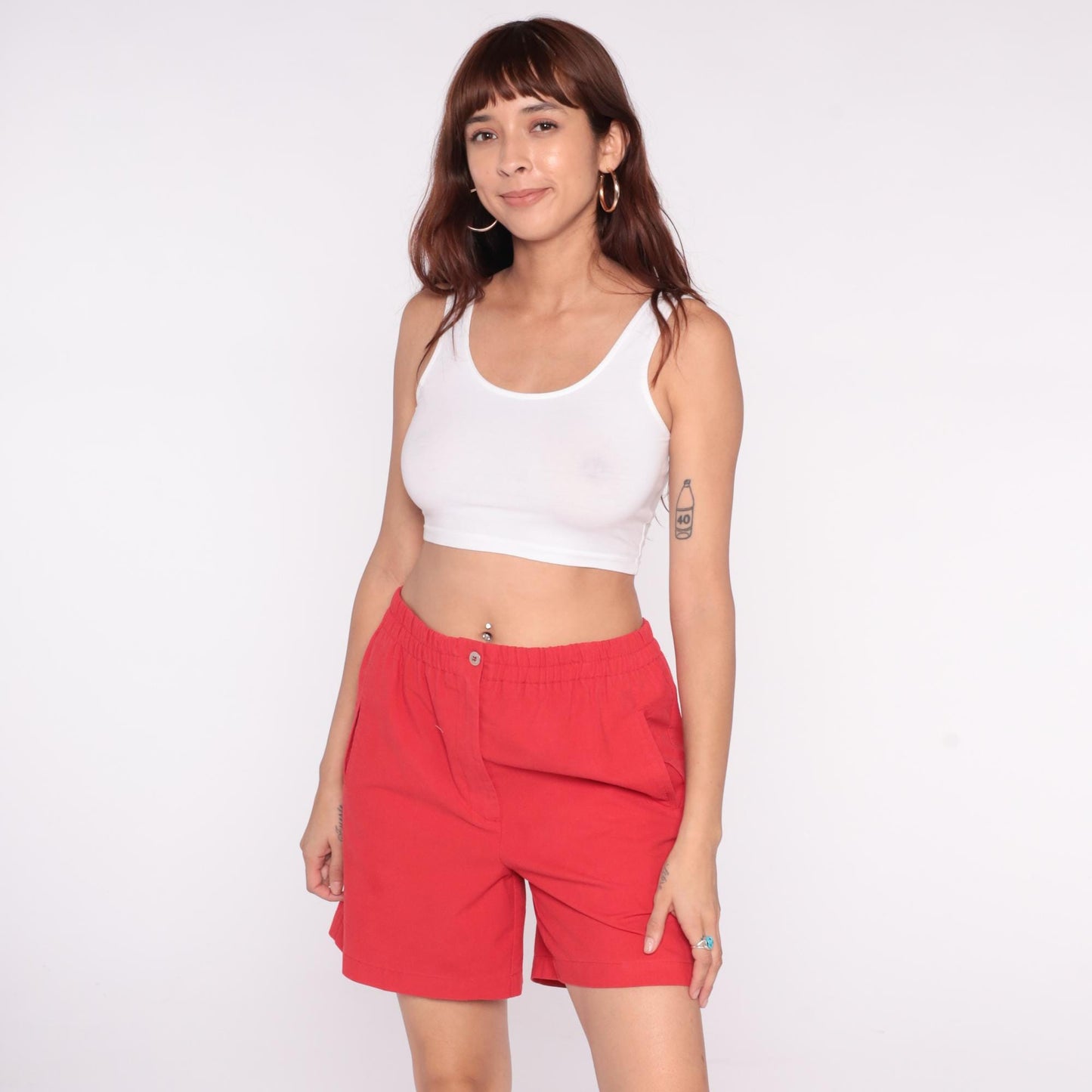 90s Karen Scott Red Cotton Shorts High Waisted Elastic Waist Small