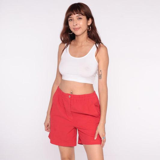90s Karen Scott Red Cotton Shorts High Waisted Elastic Waist Small
