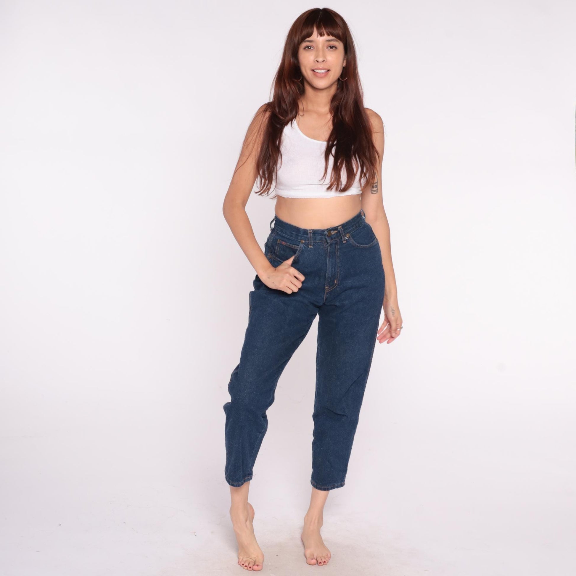 80s High Waisted Dark Wash Jeans Tapered Leg Five Pocket Denim Size 28
