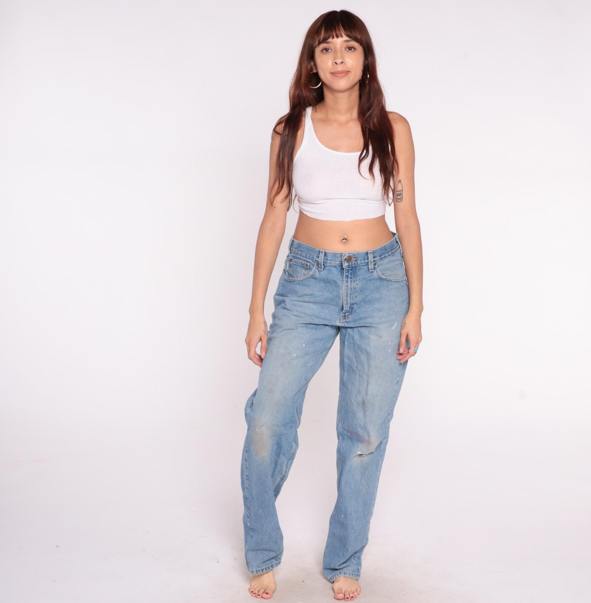 90s Carhartt Denim Jeans Light Blue Distressed Paint Splatter 34x34