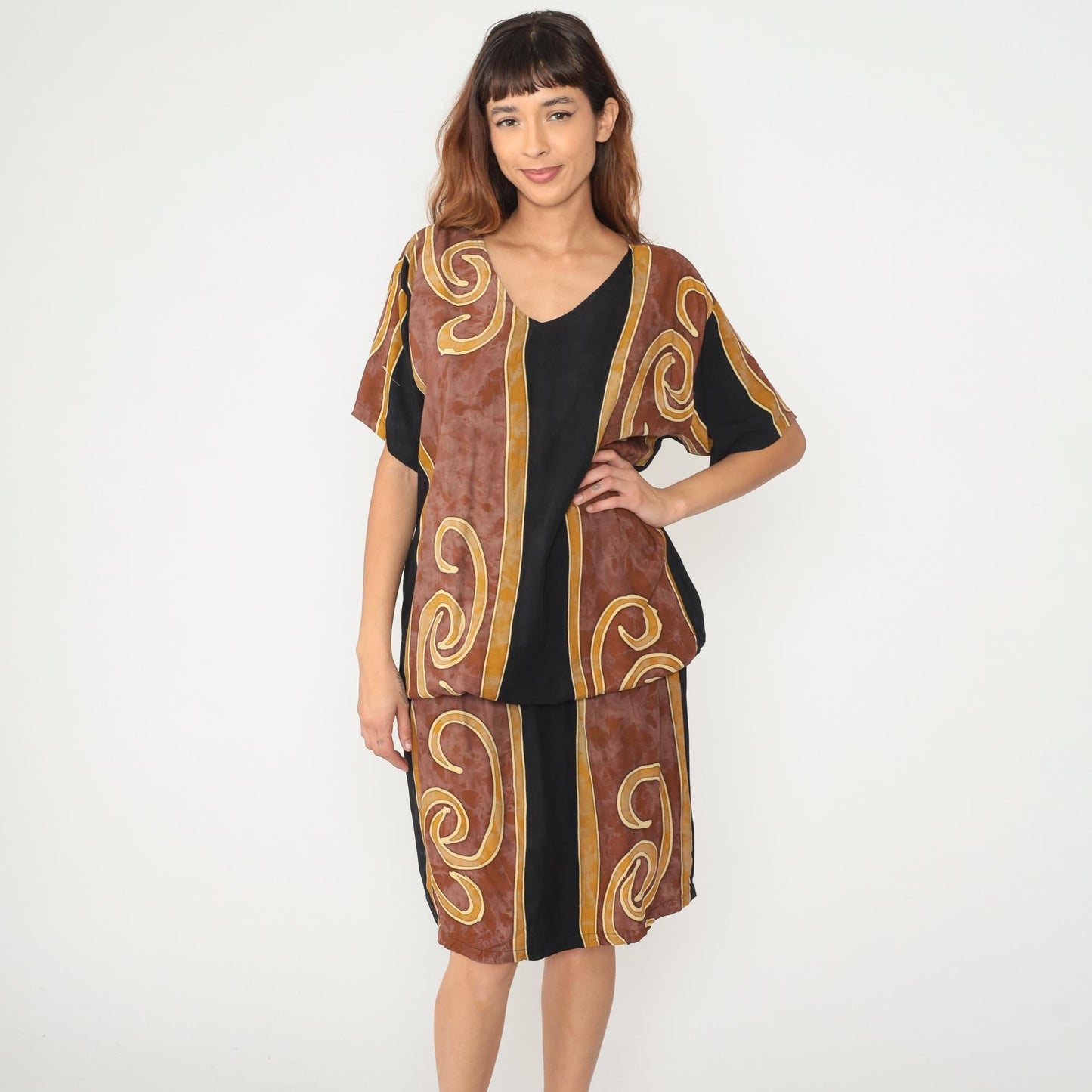 Y2K Tropical Tantrum Maxi Dress Brown Black Spiral V-Neck Flutter Sleeve Medium Large