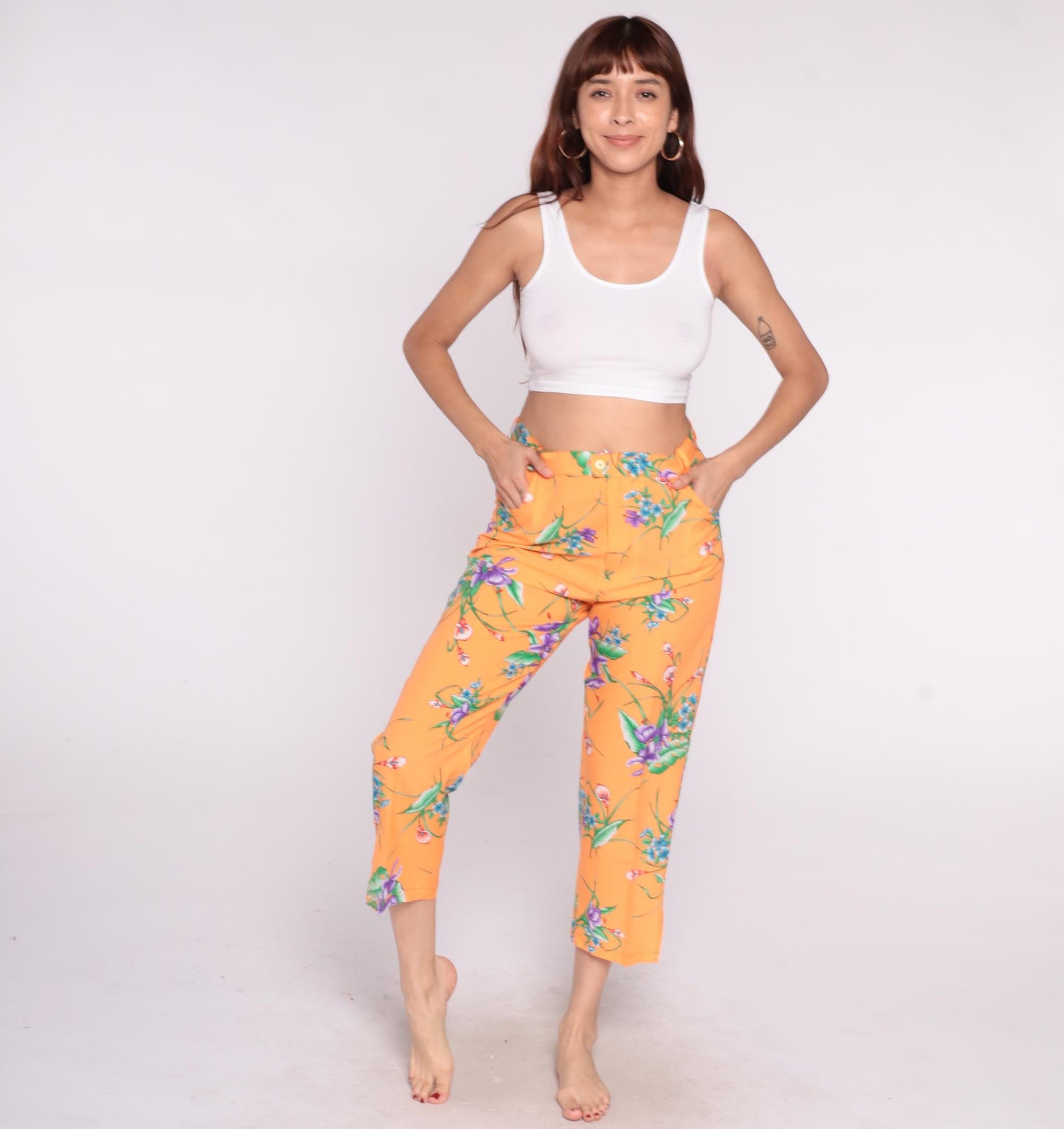 90s Orange Floral Cropped Pants High Rise Straight Leg Medium M