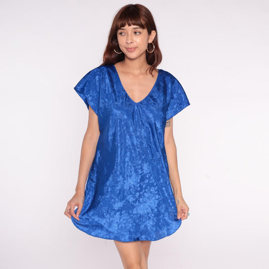90s La Intimates Royal Blue Satin Nightgown Floral Jacquard V-Neck Mini Small