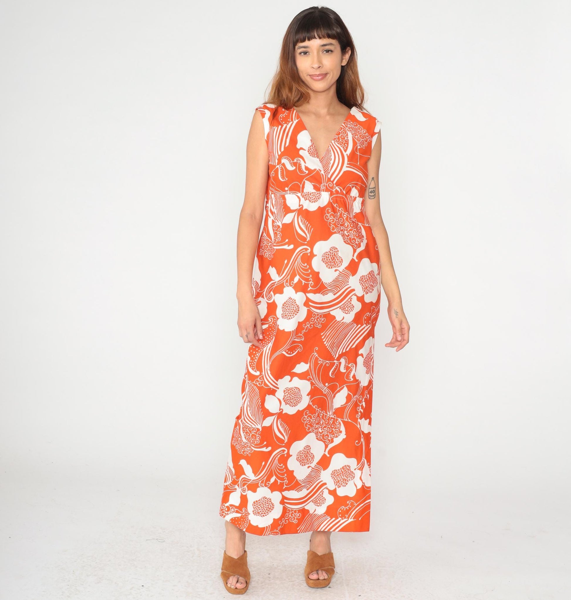 70s Halii Honolulu Orange Floral Maxi Dress Sleeveless V-Neck Large