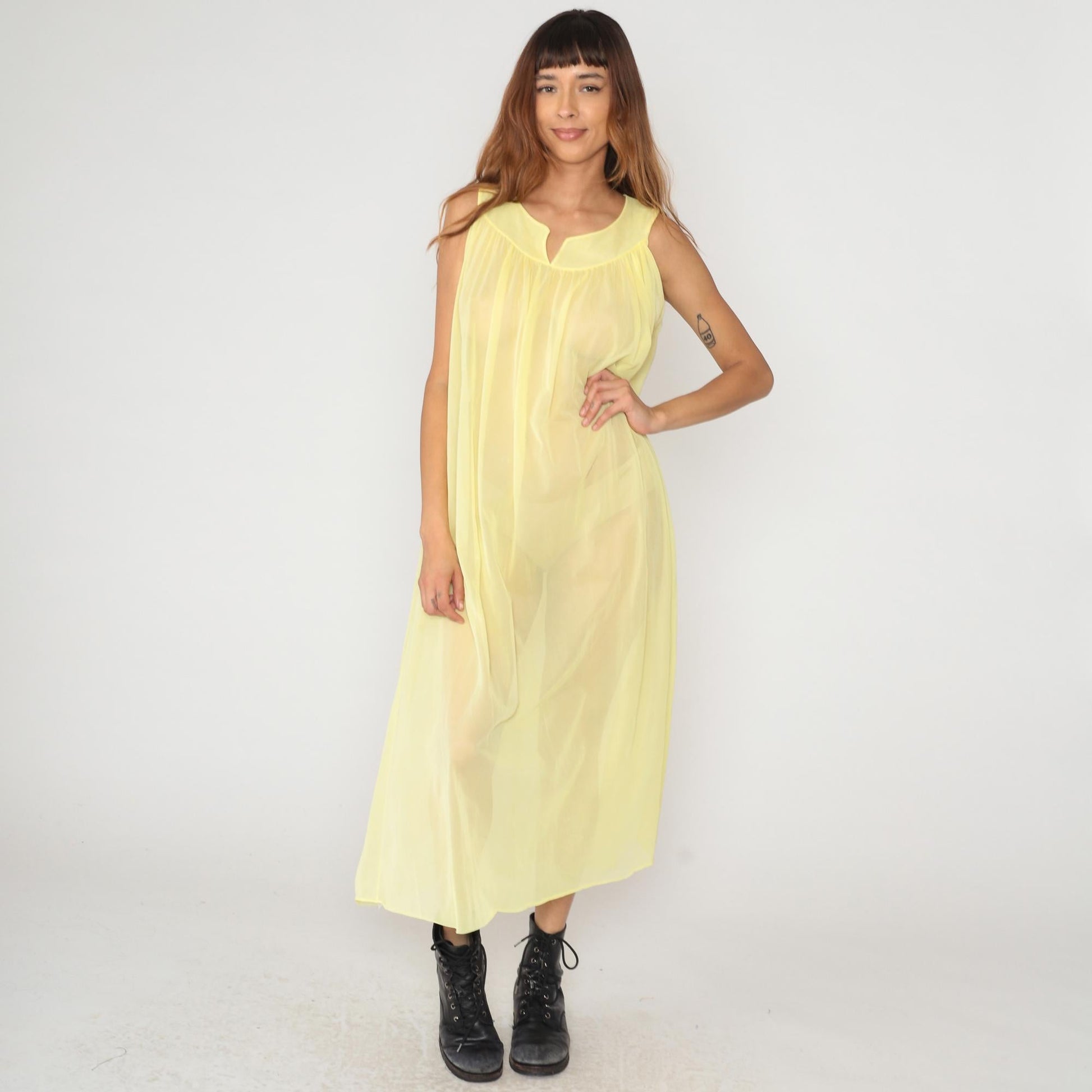 70s Yellow Maxi Nightgown Wide Collar Sleeveless Gathered Bodice Medium