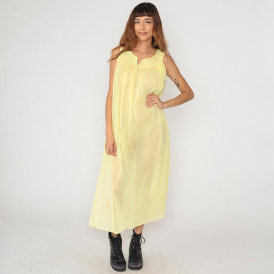 70s Yellow Maxi Nightgown Wide Collar Sleeveless Gathered Bodice Medium