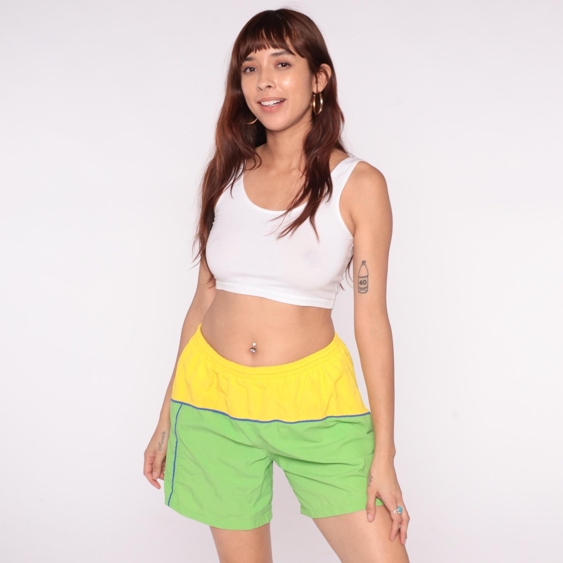 80s Colorblock Athletic Shorts Neon Yellow Lime Green Blue Piping Medium