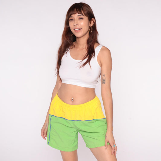 80s Colorblock Athletic Shorts Neon Yellow Lime Green Blue Piping Medium