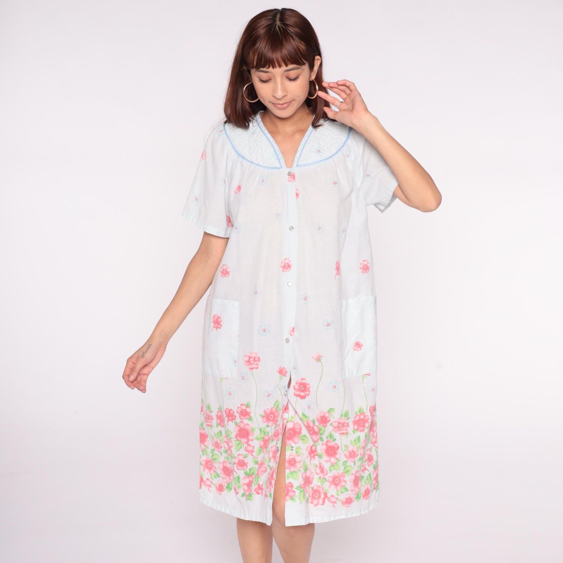 90s Emily Stacy Floral Nightgown White Pink Border Cotton Small