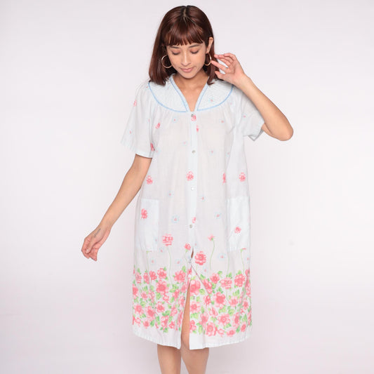 90s Emily Stacy Floral Nightgown White Pink Border Cotton Small