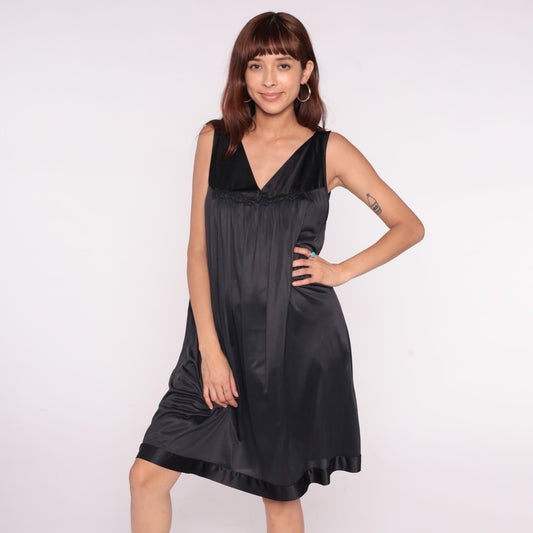 90s Vanity Fair Black Slip Dress Empire Waist V-Neck Satin Trim Plus Size 1X