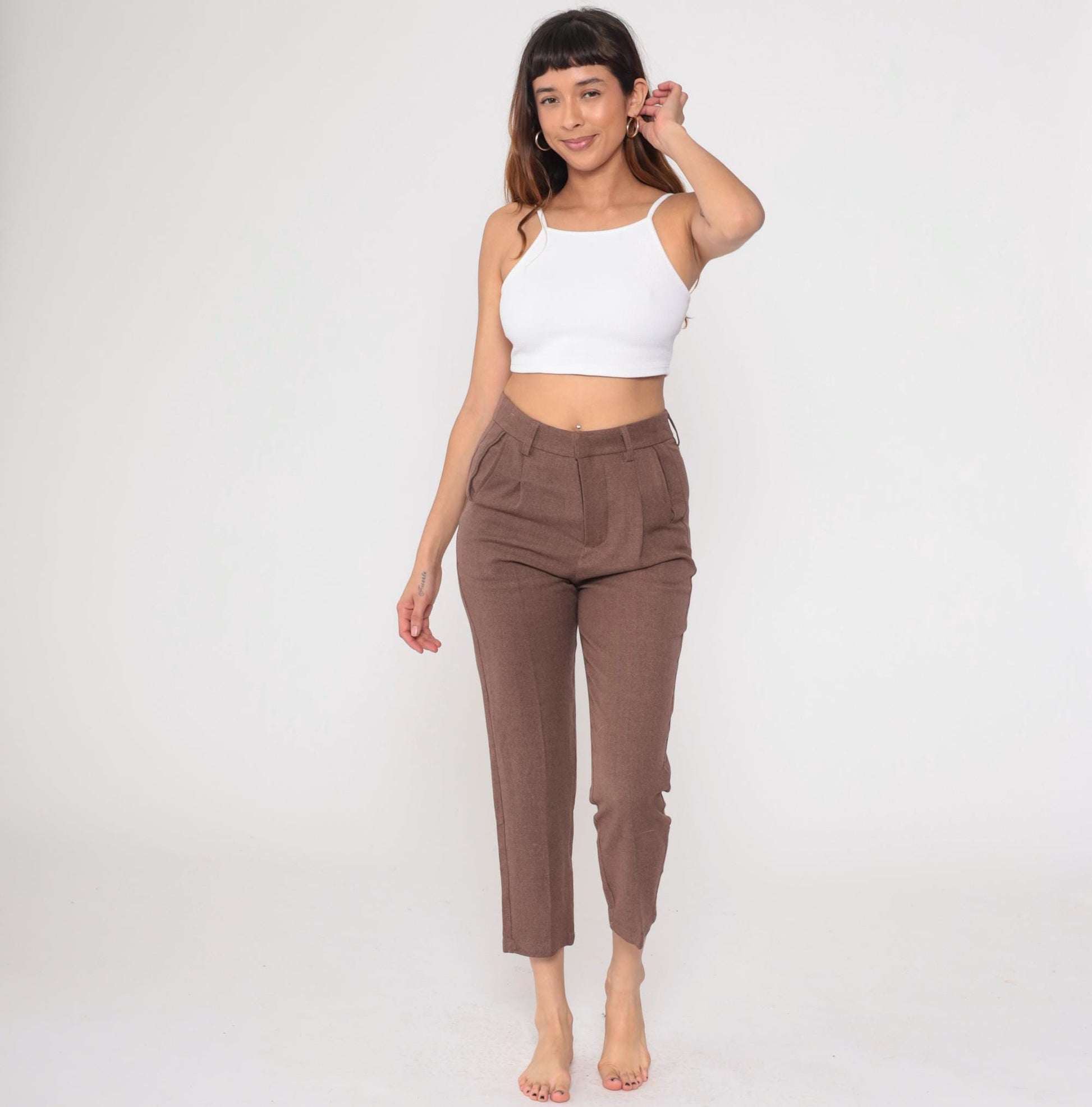 Y2K Brown Pleated Cropped Trousers Straight Leg High Waist Medium M
