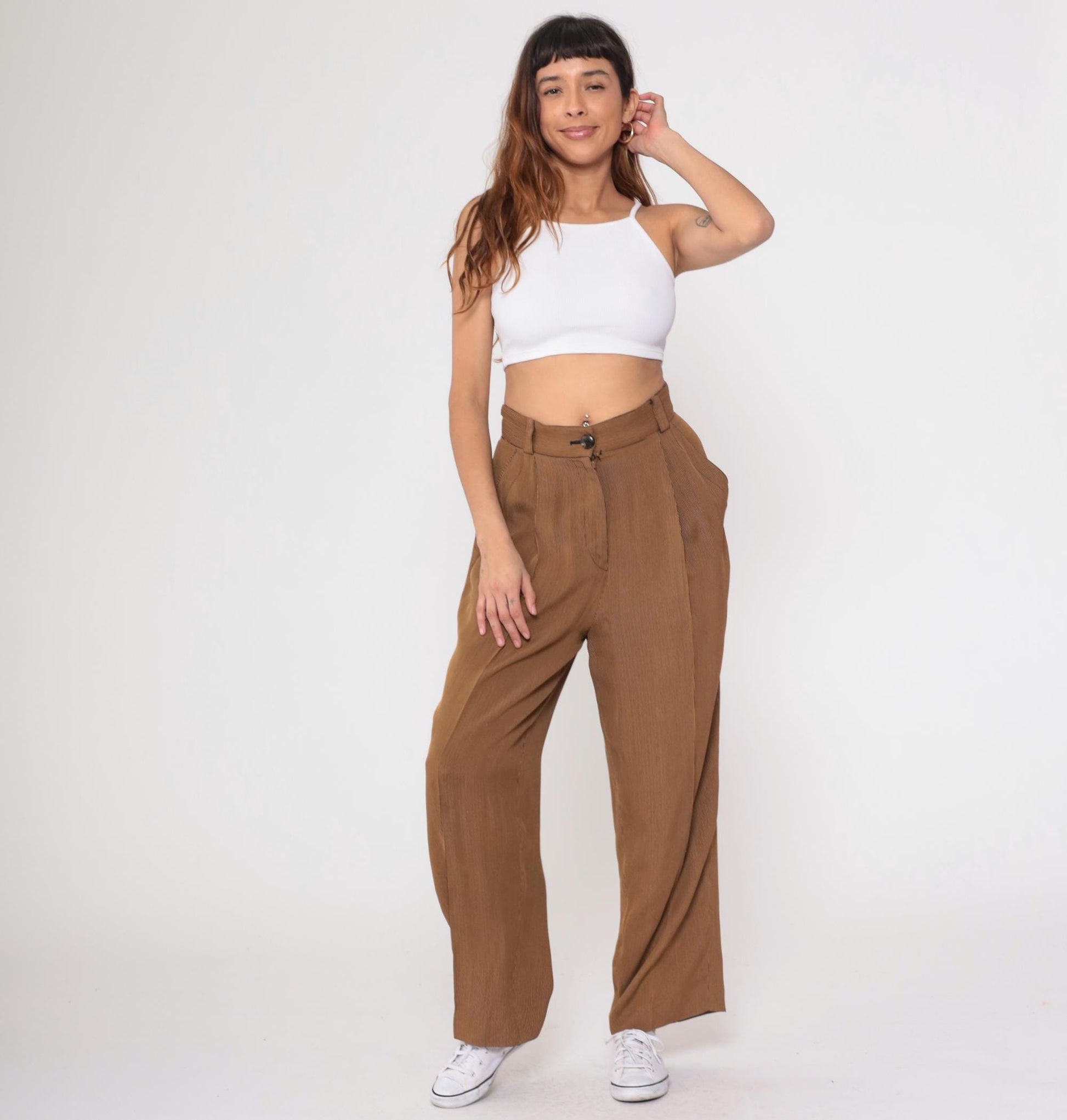 80s Emanuel Ungaro Pinstriped Trousers Brown Tan High Waist Pleated Medium