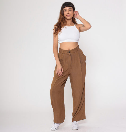 80s Emanuel Ungaro Pinstriped Trousers Brown Tan High Waist Pleated Medium