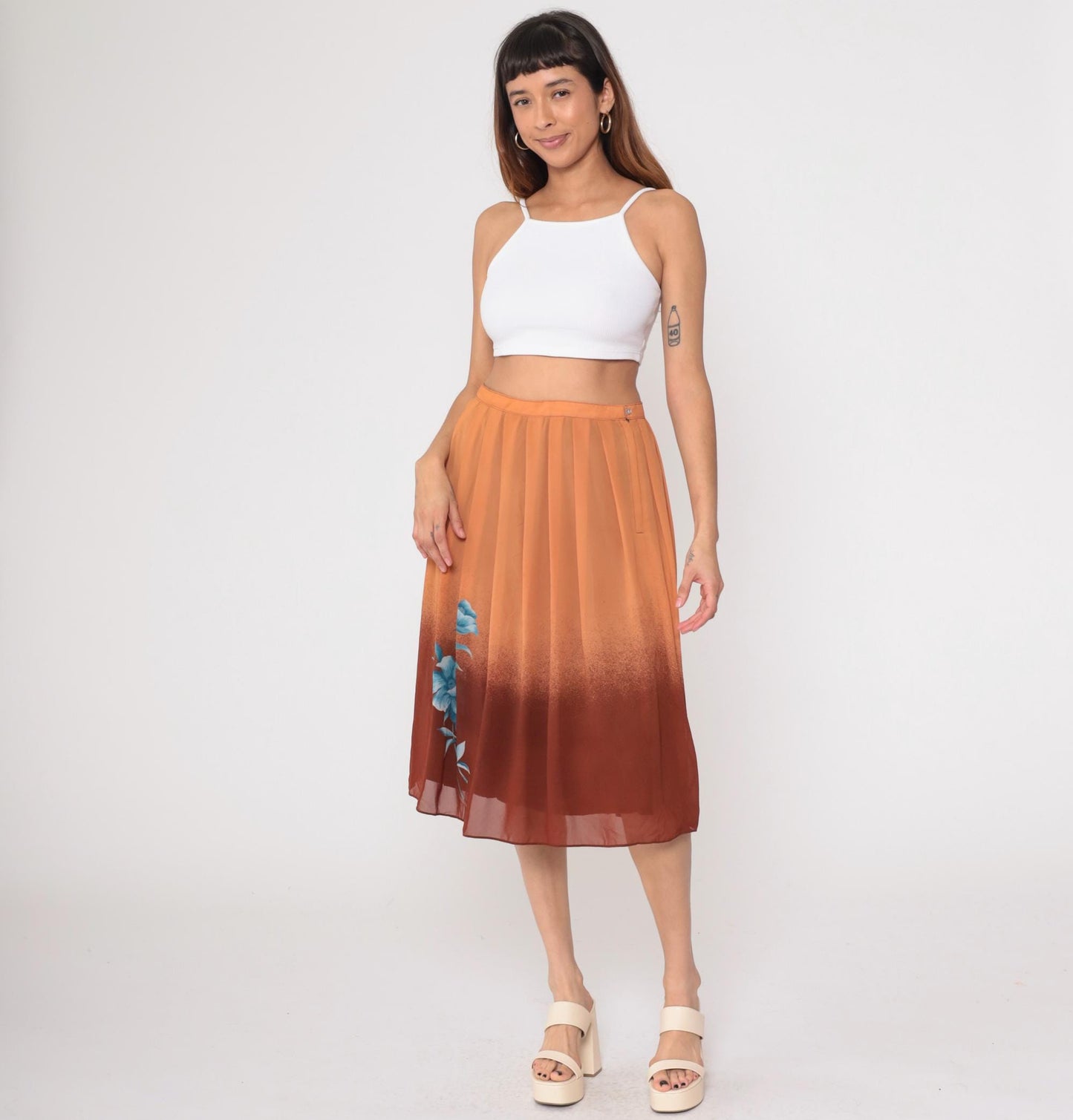 70s Peachy Brown Ombre Pleated Knee Skirt Blue Floral Small