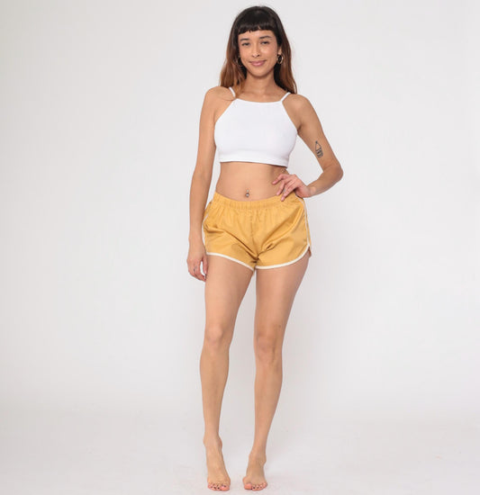 80s Tan Running Shorts White Trim Athletic Dolphin Hem Medium