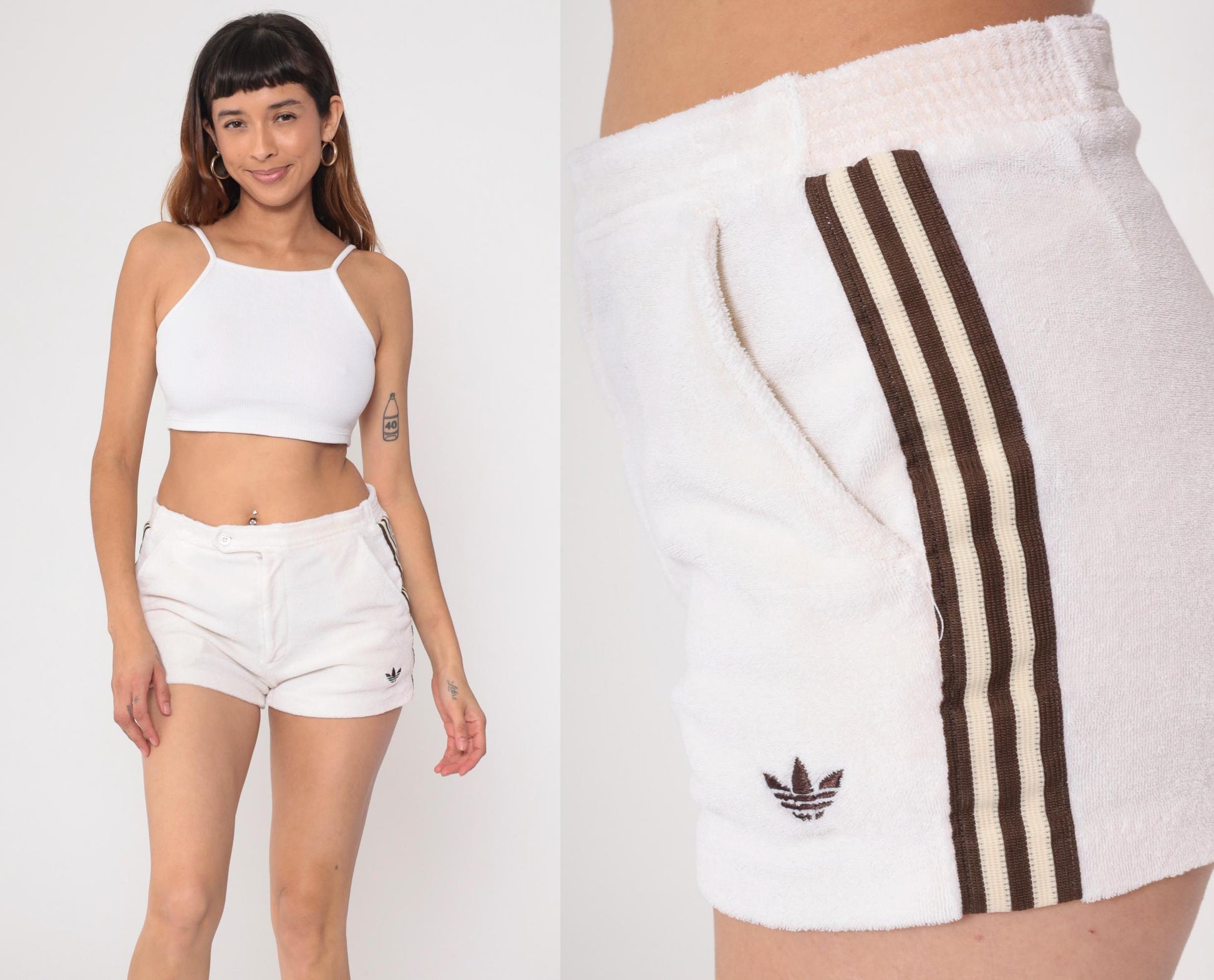 80s Adidas Terry Cloth Shorts White Brown Stripe Athletic Medium