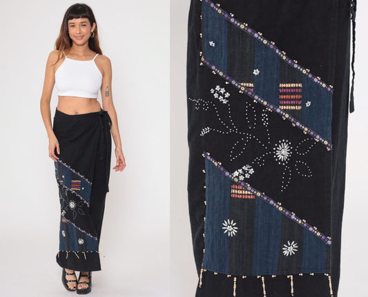 Y2K Black Wrap Skirt Beaded Navy Maxi Sequin Geometric Tribal Cotton Large
