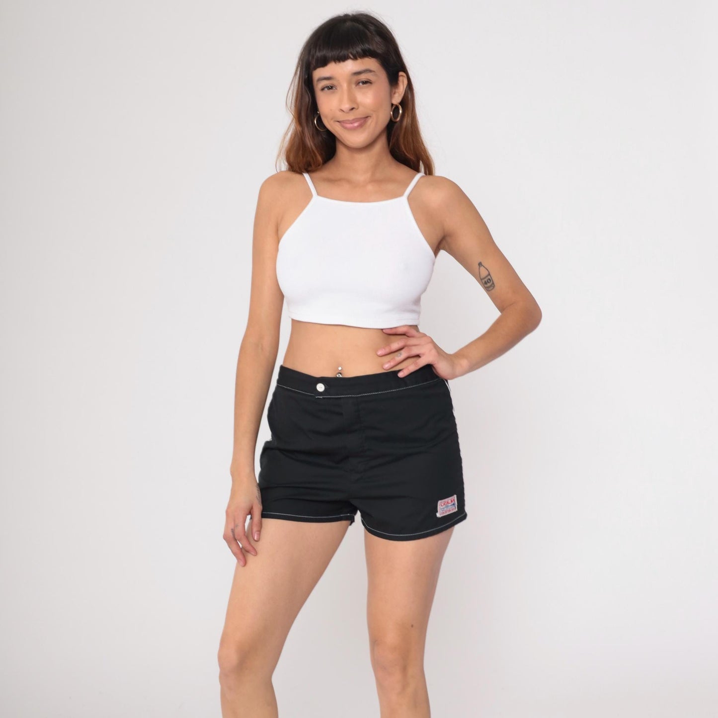 70s Catalina Black Swim Shorts White Contrast Stitching Elastic Waist Large