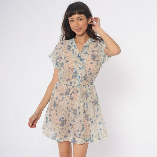 1950s Floral Dress Blue Cream Cottagecore Button Front Collar A-Line Mini Small