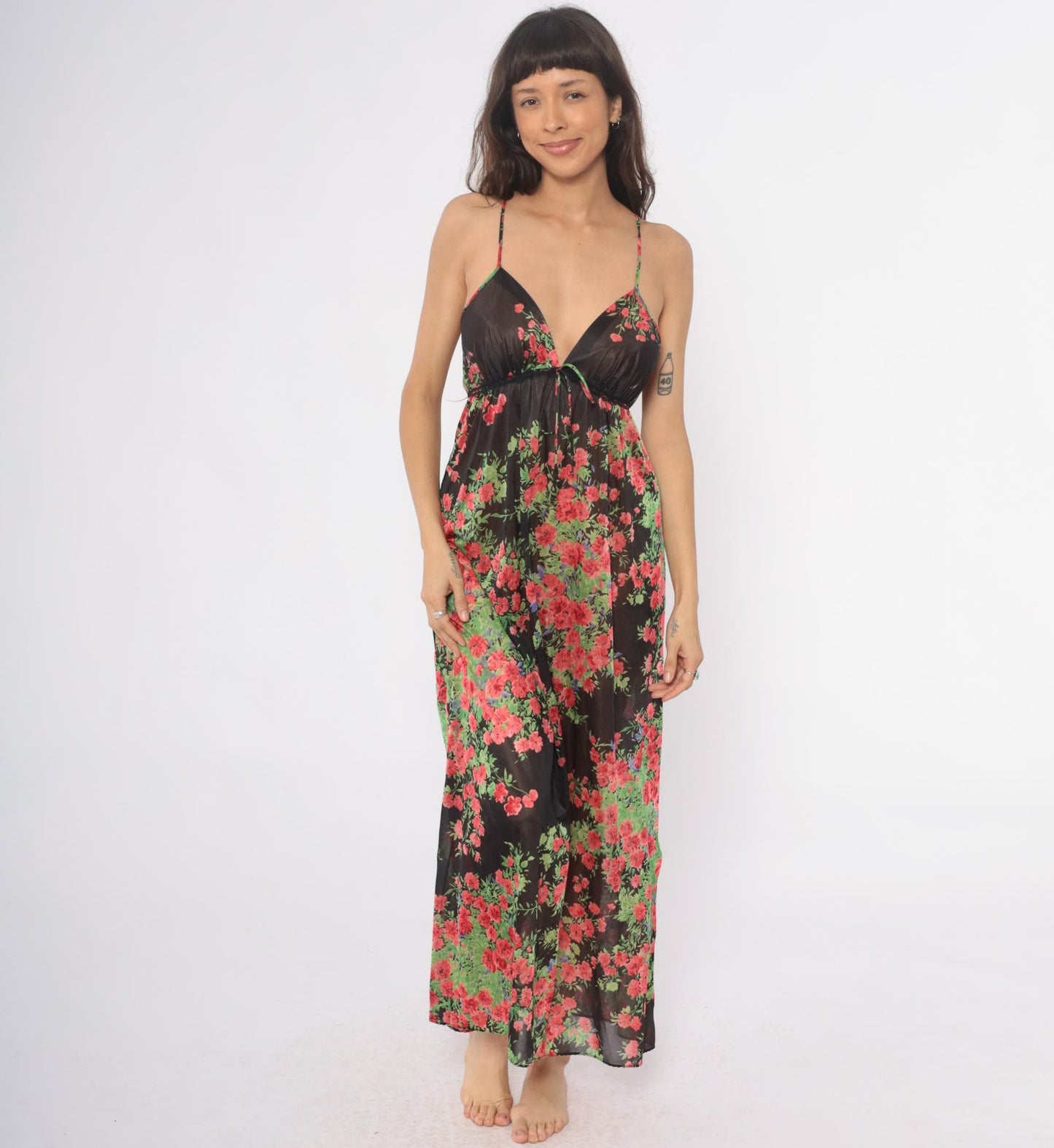 70s Black Floral Maxi Slip Dress Empire Waist V-Neck Spaghetti Strap Small