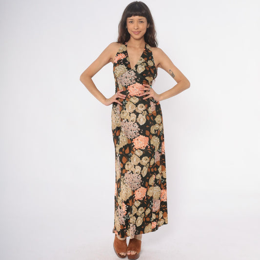 70s Dark Green Floral Halter Maxi Dress Deep V Sleeveless Small