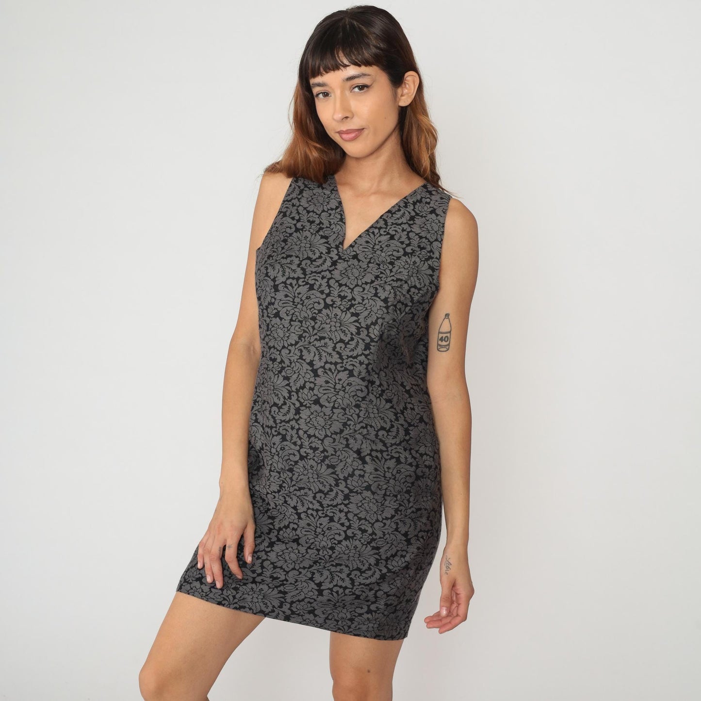 90s Bonnie Taylor Grey Floral Damask Dress V Neck Sleeveless Large L