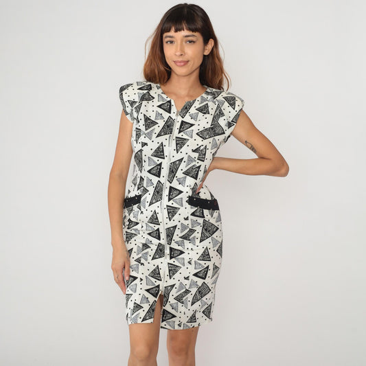Y2K Gimo's White Mini Dress Triangle Geometric Print Zip Front Small S