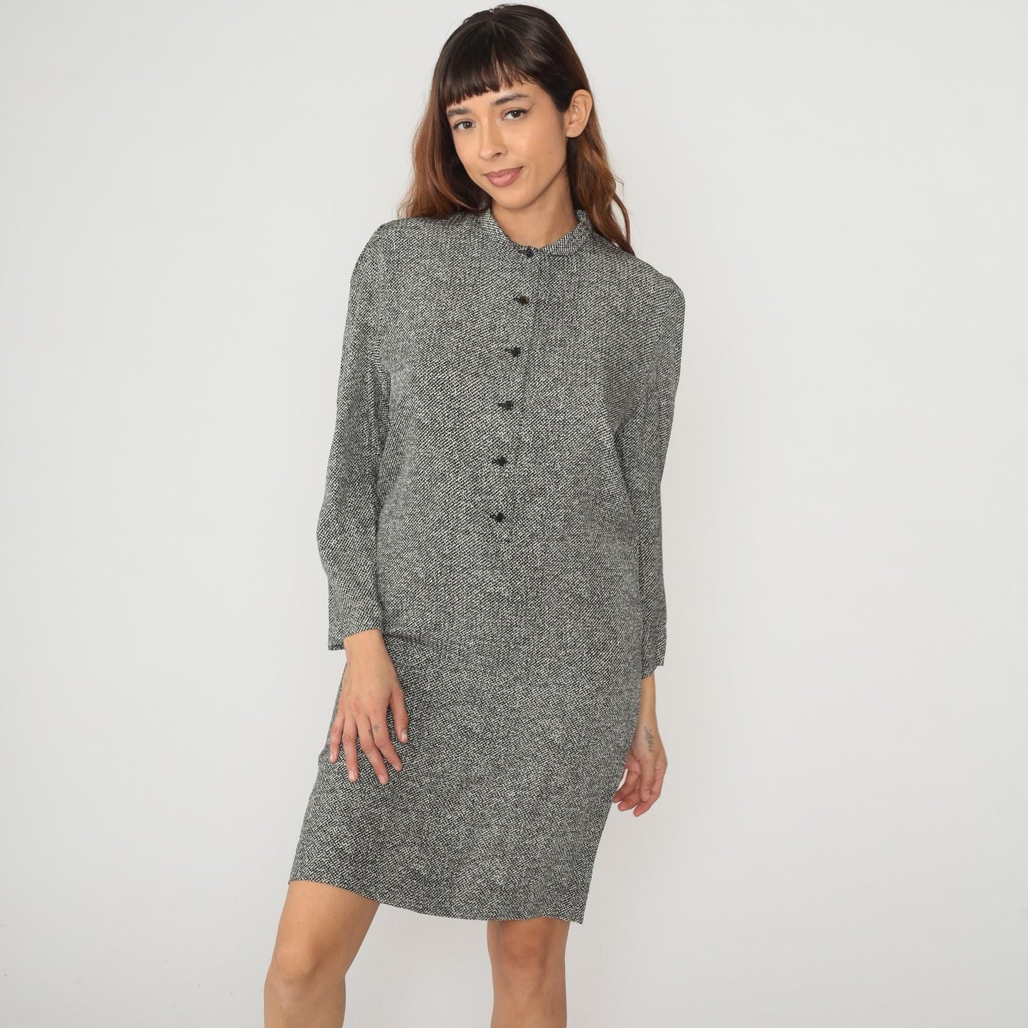 80s Claire Barrat Black White Tweed Shirt Dress Knee Length Collared Large