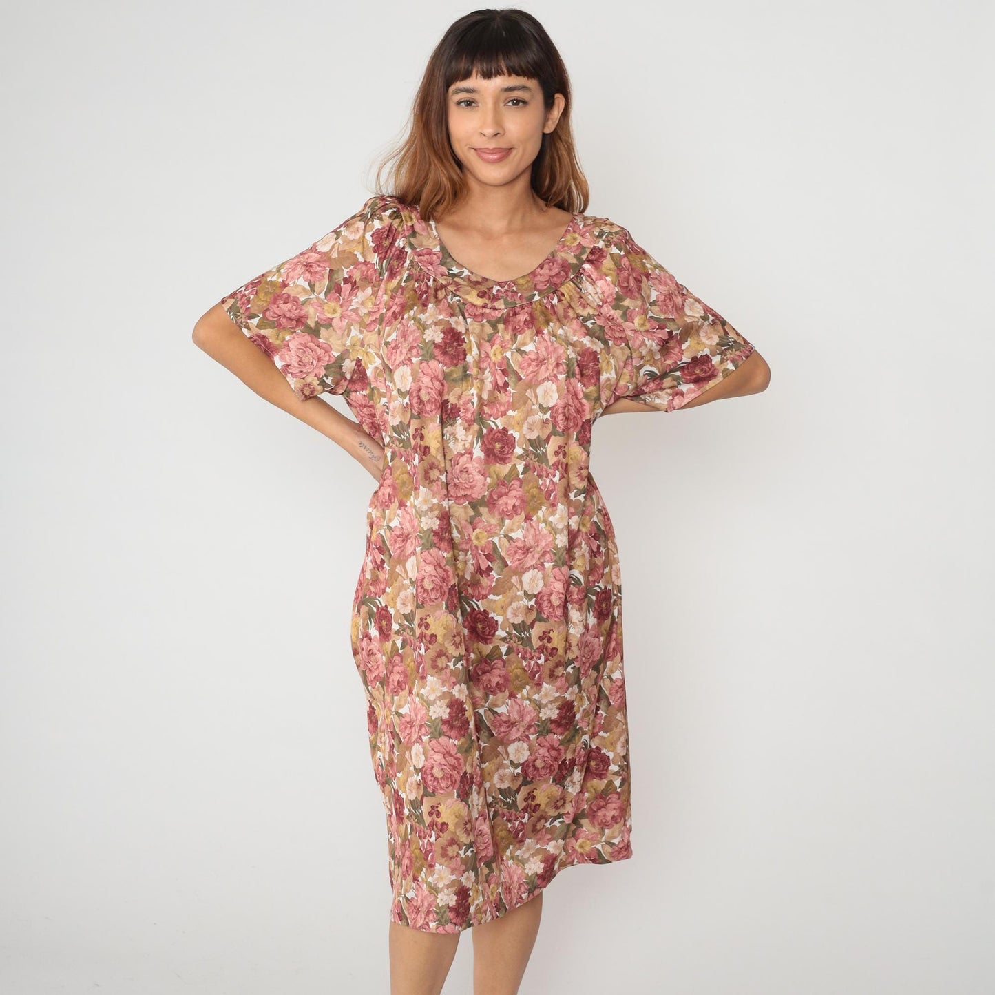 80s Floral Muumuu Dress Pink Burgundy Flutter Sleeve Scoop Neck Large