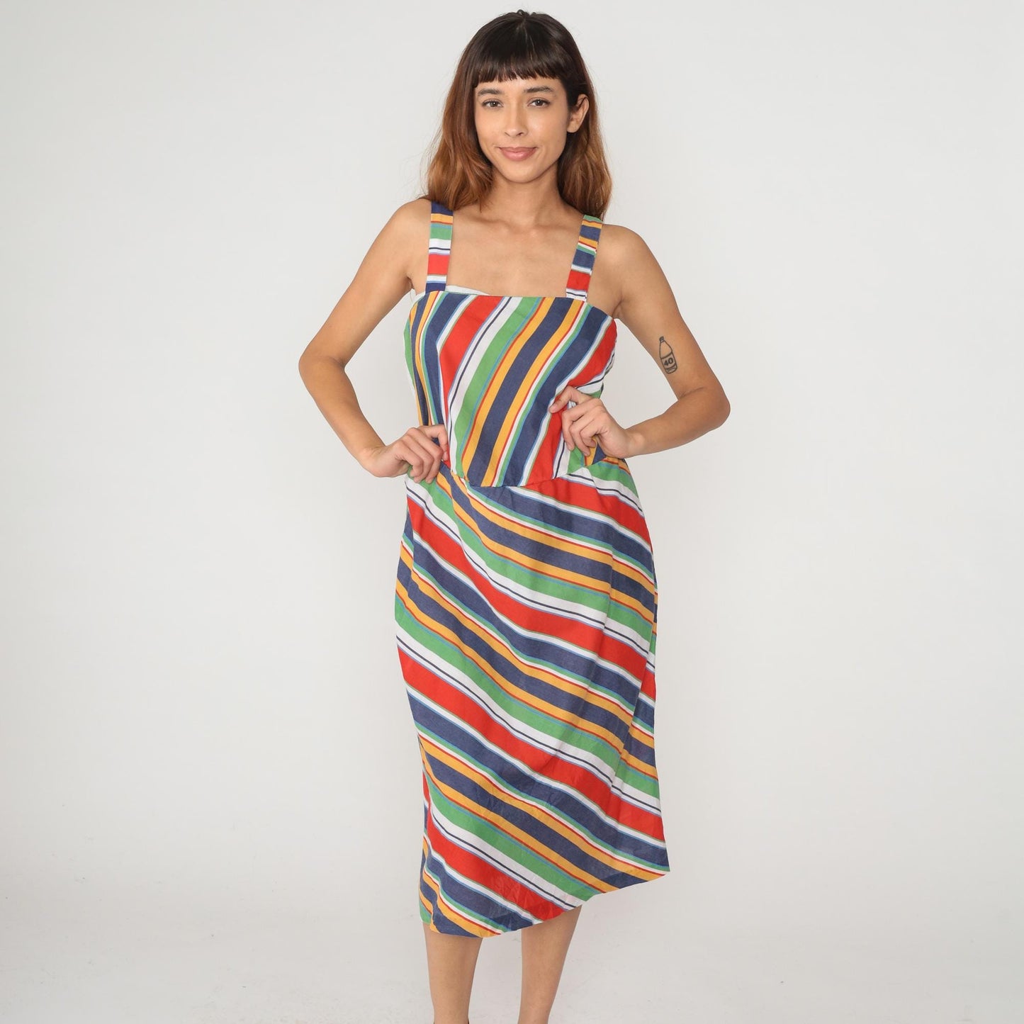 80s Rainbow Striped Midi Dress Diagonal Geometric Navy Red Green Yellow Sleeveless Large