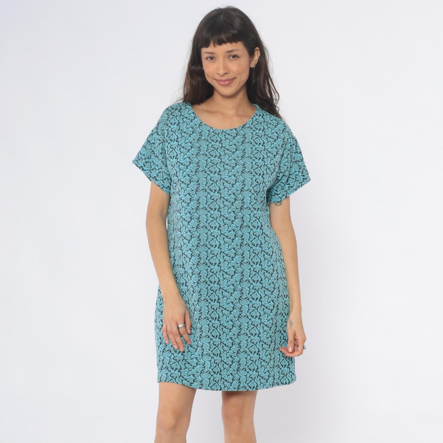 1960s Turquoise Shift Dress Black Floral Damask Print Mini Short Sleeve Large L