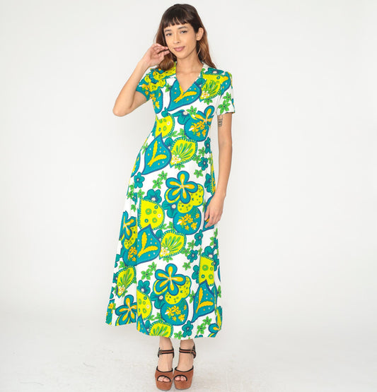 70s Psychedelic Floral Maxi Dress Bark Cloth Collared Short Sleeve Medium