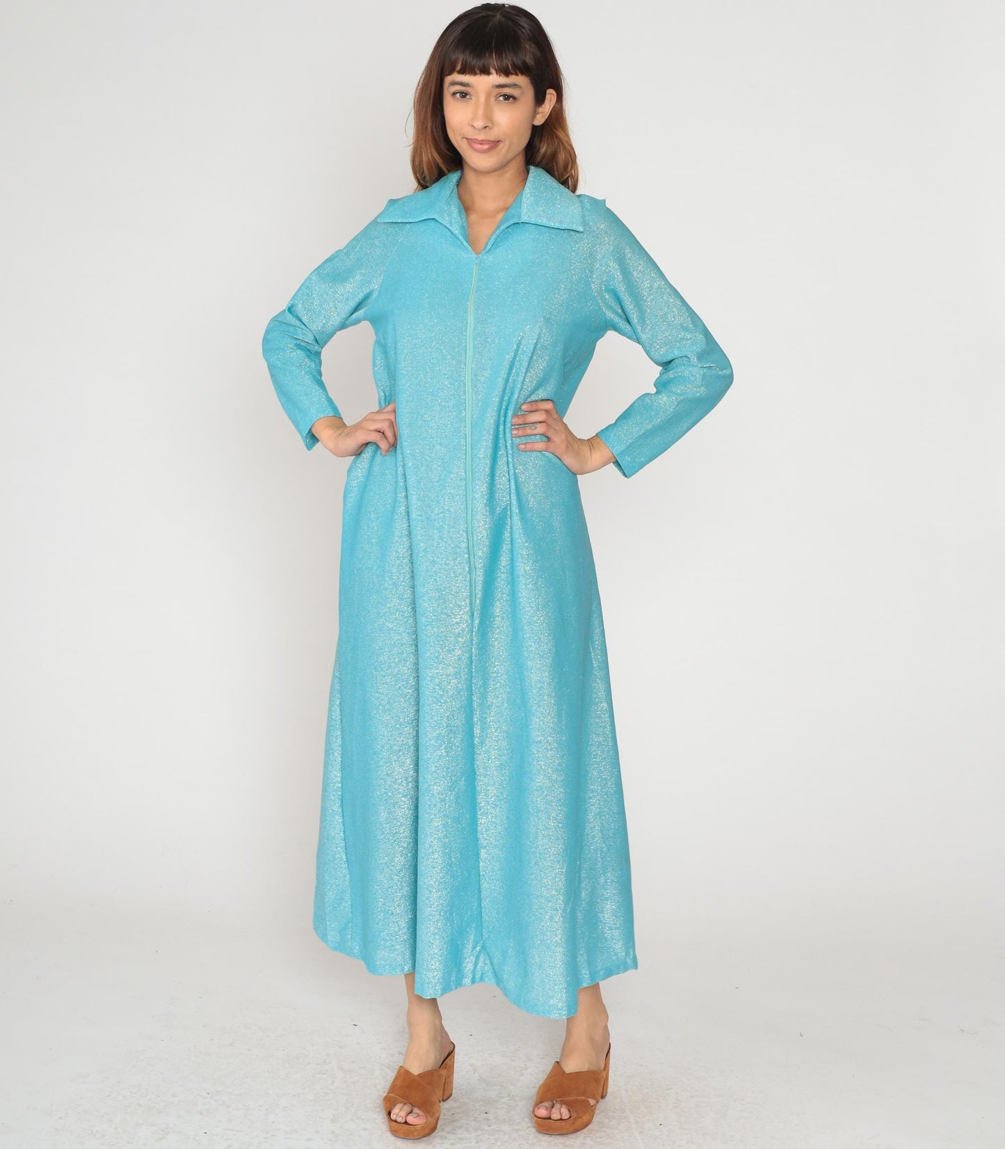70s Aristique Turquoise Metallic Maxi Robe Zip Front Collared Loungewear Large L