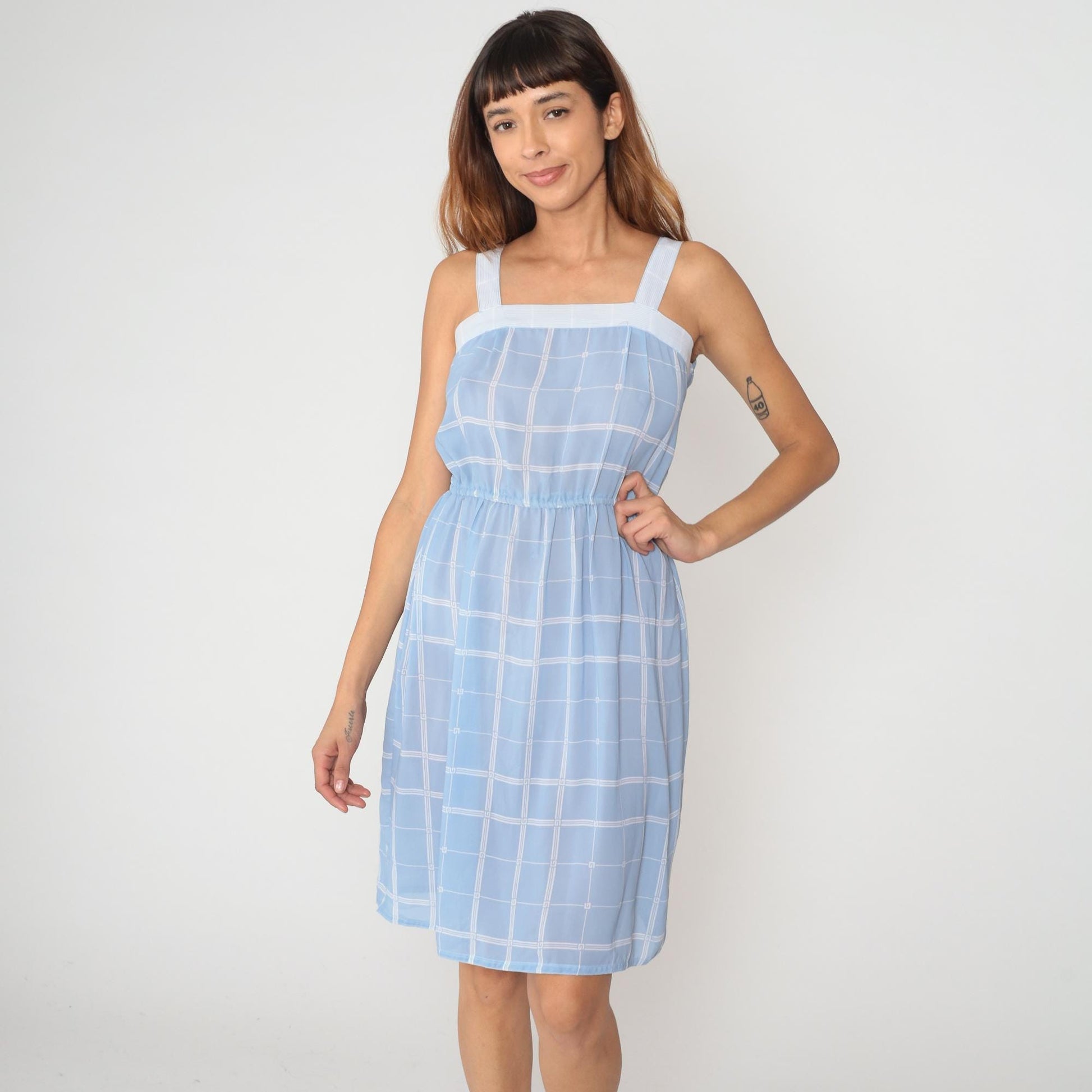 80s Light Blue Windowpane Check Sundress Square Neck Spaghetti Straps Small