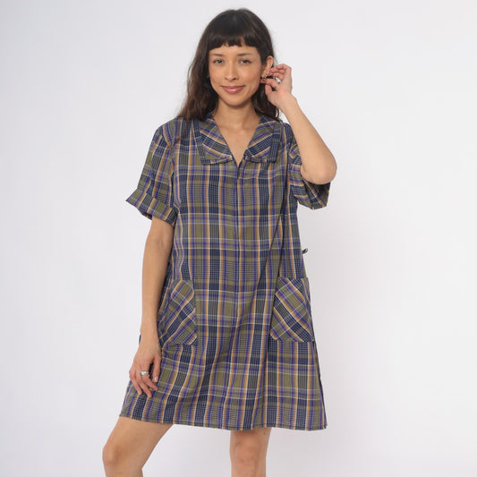 80s Zip N Dash Plaid Shift Dress Collared Pockets Navy Olive Extra Large