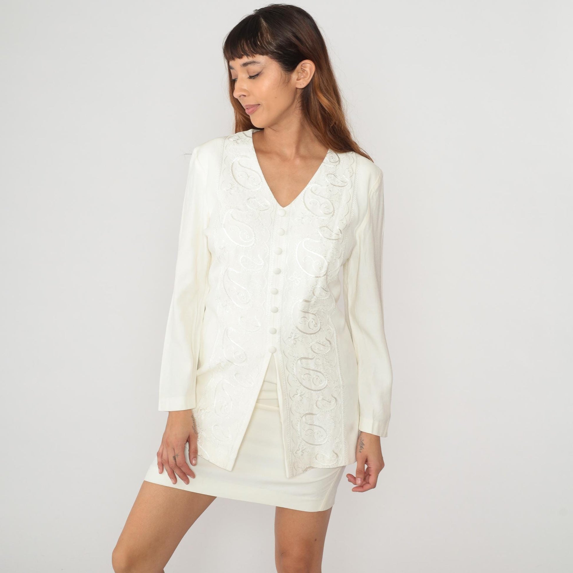 90s Dani Max Embroidered White Tunic Dress V-Neck Button Front Medium