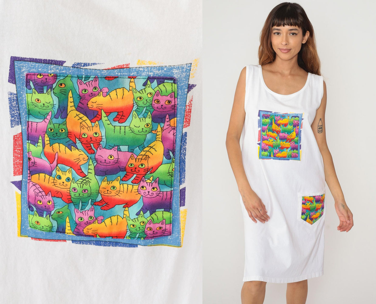 90s Rainbow Kitties Tank Dress White Cotton Knee-Length Graphic Large L