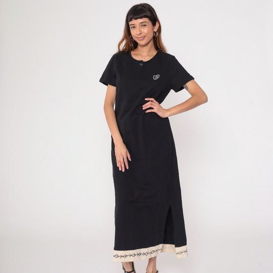 90s Black Cotton Maxi Dress Short Sleeve Embroidered Contrast Hem Medium M