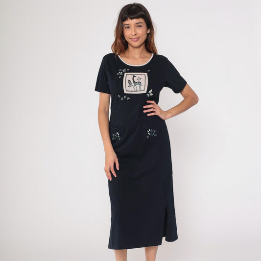 90s Black Cotton Giraffe Appliqué Midi Dress Embroidered Floral Medium M