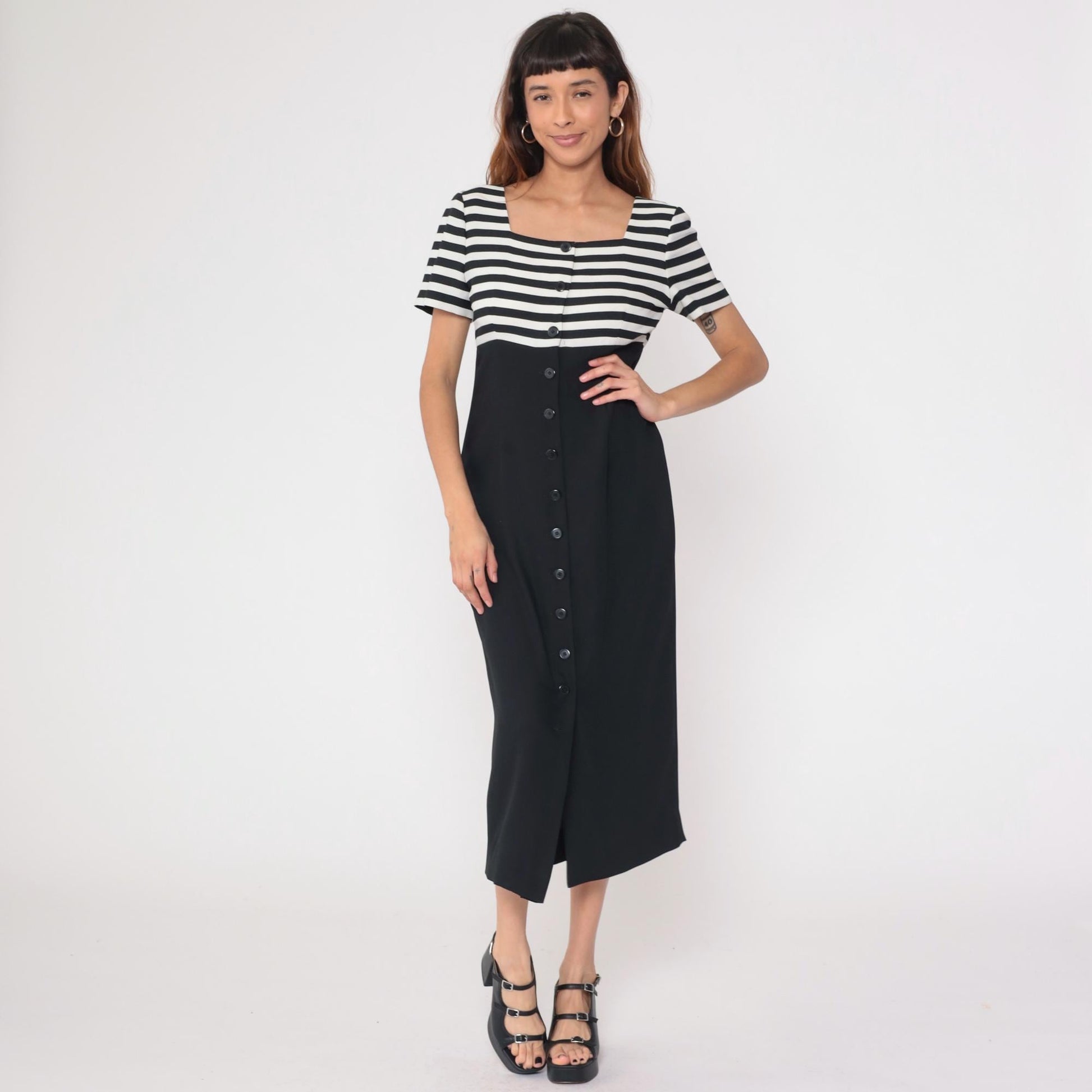 90s Liz Claiborne Striped Midi Dress Black White Button Front Medium