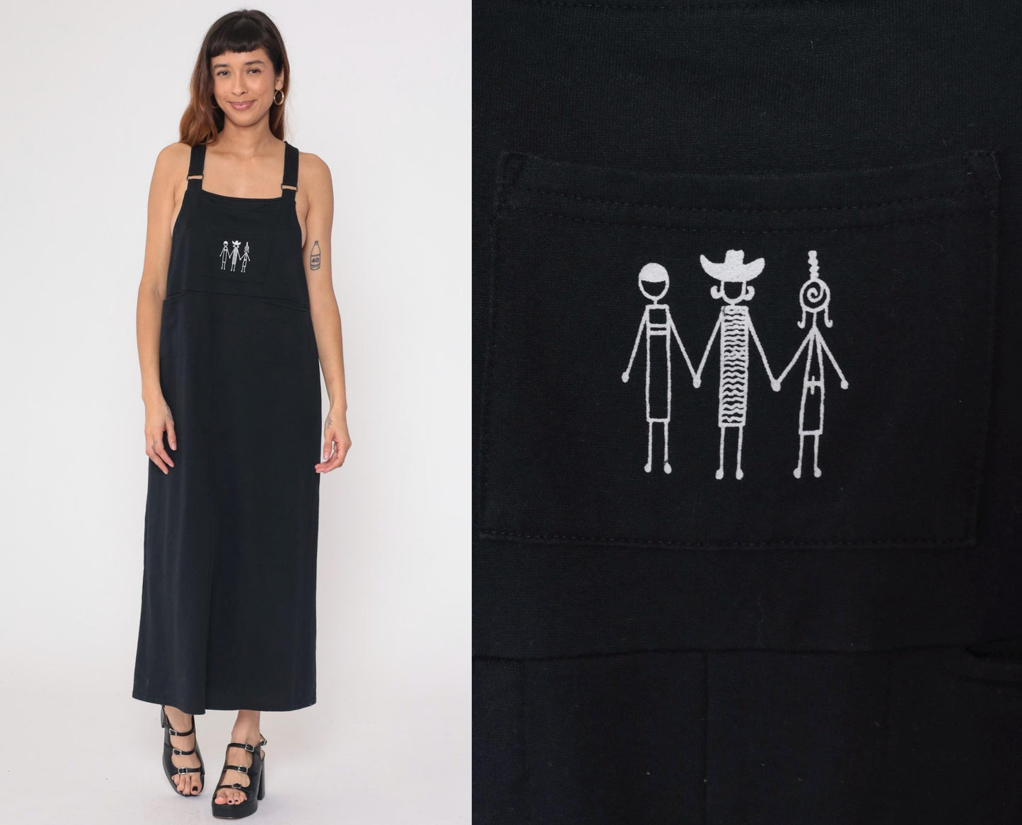 90s California Concepts Black Maxi Dress Stick Figure Embroidery Square Neck Medium Large