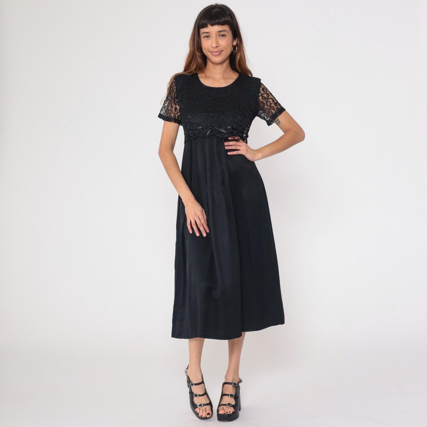 90s Black Lace Empire Waist Midi Dress Bow Detail Medium M